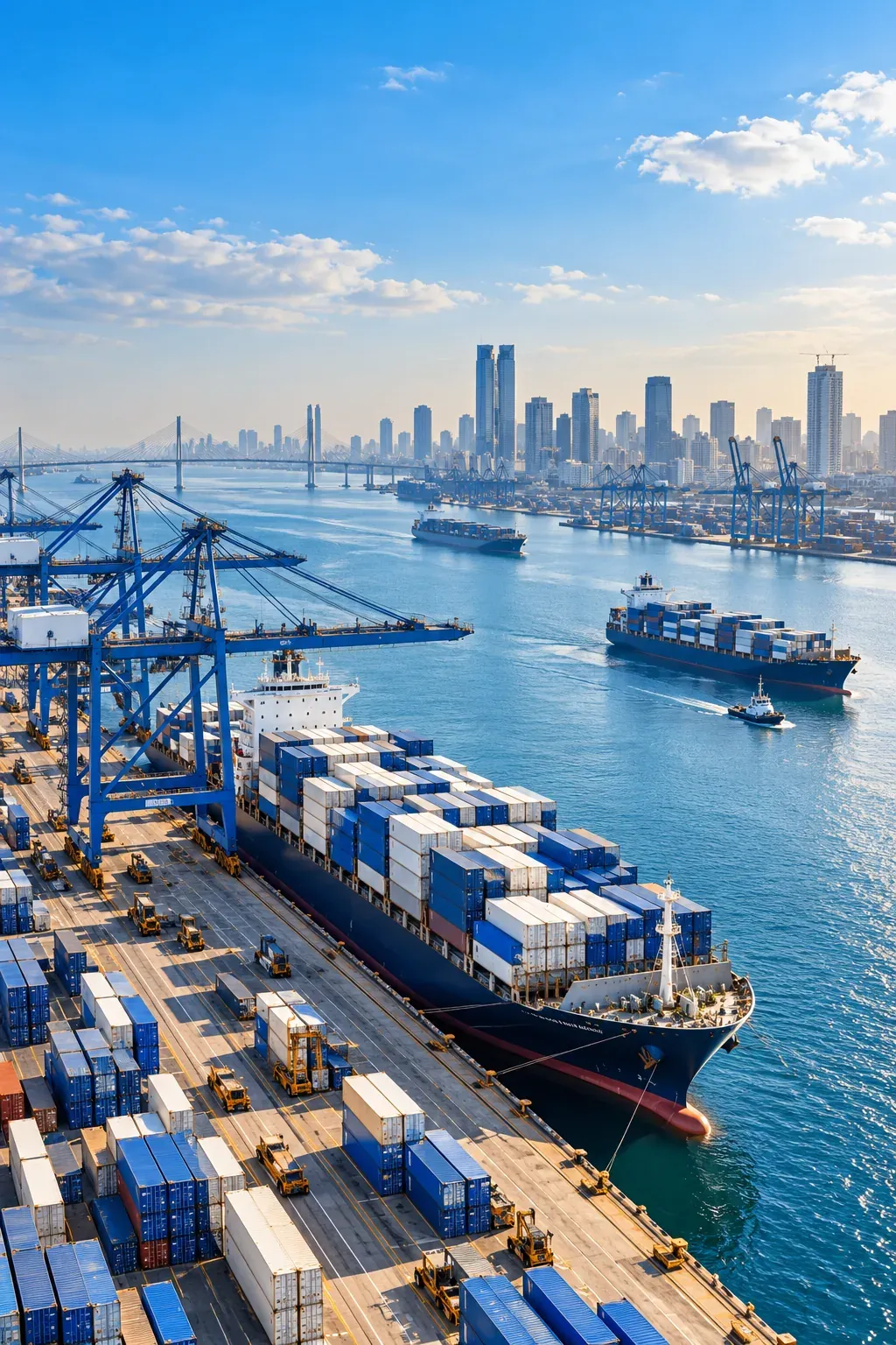 A busy container port and city skyline under a clear blue sky, representing trade across markets